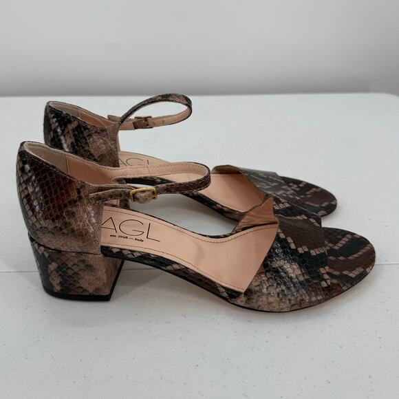 NEW AGL Women's Embossed Brown Snake Print Leather Block Heel Sandals Size 37.5 - Picture 3 of 11